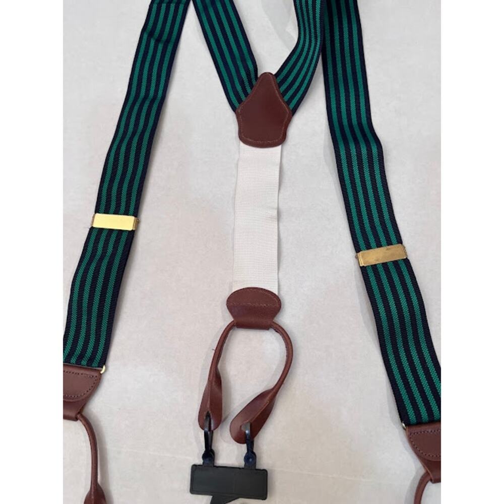 VTG Silk Suspenders Braces Navy Green Thin Stripe Brown Leather Fully Expandble
